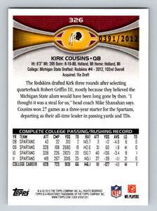 lot 263 image: Kirk Cousins RC 2012, 2012 Topps Gold #326, numbered 03912012, Minnesota Vikings Football Card