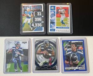 lot 190A image: Justin Herbert and Russell Wilson 5 Card Quarterback Football Lot