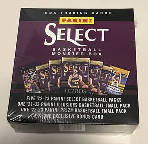 lot 55B image: Select Basketball Monster Box (5) 22-23 Packs, (1) 21-22 Illusions Tmall Pack, 22-23 Prizm Tmall Pack, One Exclusive Bonus Card