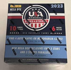 lot 56B image: 2023 USA Baseball Stars & Stripes Mega Box - 6 packs, 4 Autos  Memorabilia Cards Per Box On Average