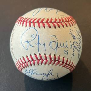 lot 203A image: Milwaukee Brewers Team Signed Baseball - 17 autographs, Rawlings OMLB Brown Ball
