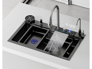 lot 218 image: Black Stainless Steel 32 Drop-In Kitchen Sink with Accessories