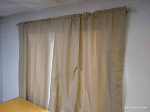 lot 3 image: Tan Curtains wGold Curtain Rod