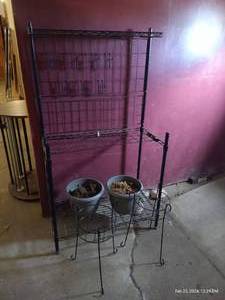 lot 198 image: Wire Bakers Rack & (2) Plant Stands