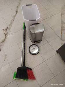 lot 379 image: Office Lot Broom, Swiffer, Clock & Trash Cans