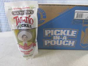 lot 215 image: (B-4) Case of 12 Pickle In A Pouch Jumbo Tapatio Pickles Best by Sept 2024