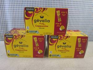lot 253 image: (B-3) 3 Boxes of Keurig Gevalia Frothy Cappuccino Coffee K-Cup Pods 6 Per Box Past Date