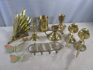 lot 137 image: (EW3) Assorted Brass - Mug, Candle Holders, Bell, Butterflies Etc