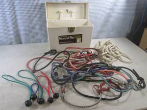 lot 108 image: (CSB) Assorted Bungee Cords, Ball Bungees, Rope In Locking File Box with Key