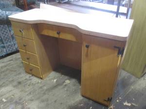 lot 96 image: (HWG) Wood Desk with 4 Side Drawers, 1 Center and Side Door with Shelves 48 W x 32 H x 17 12 D