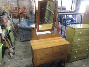 lot 97 image: (HWG) Vintage Wood 3-Drawer Dresser with Mirror 36 W x 28 12 H x 18 D Mirror Is An Additional 40 High