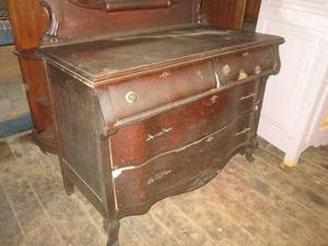 lot 94 image: (HWG) Antique Wood 4-Drawer Dresser with Beveled Mirror 46 12 W x 35 H x 24 D Mirror Is An Additional 41 12 High
