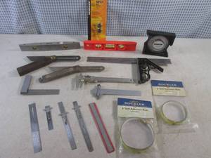 lot 12 image: (CSB) Assortment of Calipers, Squares, Slide Pocket Rulers, Levels Etc