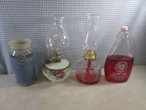 lot 66 image: (CS) 2 Vintage Oil Lamps, Partial Bottle Lamp Oil and Glazed Vase