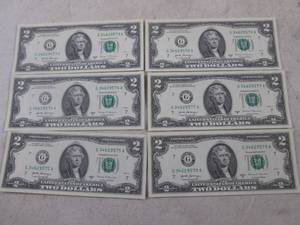lot 312 image: (CNTR) 6 Uncirculated Consecutive Serial Number $2.00 Bills