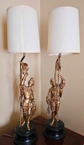 lot 12 image: Ansonia Fisherman & Falconer Spelter Figural Lamp Pair