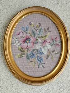 lot 115 image: Charming Floral Needlepoint Bouquets in Gilt Frames