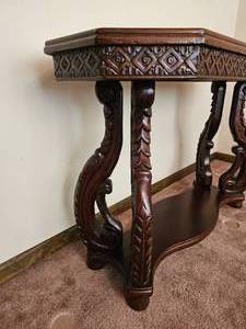 lot 55 image: Heavily Carved Marble Insert Top Console Table