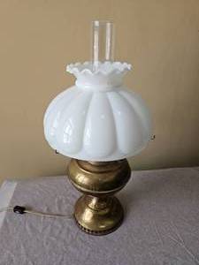 lot 89 image: Vintage Brass Hurricane Milkk Glass Shade Parlor Lamp