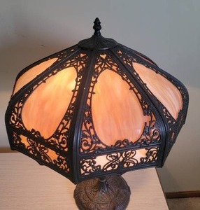 lot 8A image: Beautiful Vintage Cast Metal  Stained Glass Table Lamp
