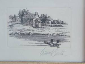 lot 47 image: SIGNED Charming Miniature Fine Art Etching Print - Lakeside Cottage
