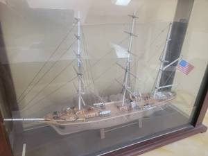 lot 99 image: Vintage Miniature Ship in Mahogany Display Case - United States Navy Training Ship