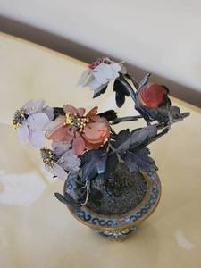 lot 106 image: Chinese Gemstone Jade Tree in Cloisonne Pot