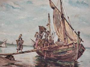 lot 53 image: Wonderful Fine Art Original Nautical Oilk Painting - Boarding