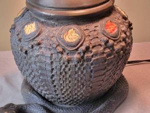 lot 6 image: Art Nouveau Rattle Snake Jeweled Table Lamp with Stained Glass Shade