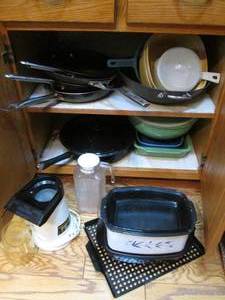 lot 29 image: Cupboard content consisting of Cookware and Bakeware plus a pitcher and popcorn popper