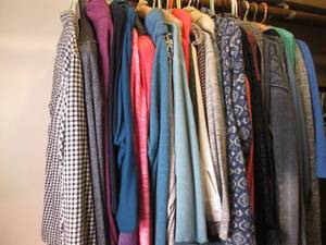 lot 43 image: Variety of Name Brand Womens size LXL long sleeve athletic tops, Cowell necks, zip ups, pull overs, sweaters and sweatshirts in mostly shades of blues, pinks, grays and purples