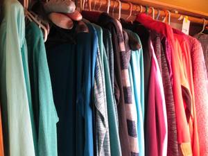 lot 44 image: Assortment of Name Brand Womens size LXL long sleeve athletic tops, Cowell necks, zip ups and pull overs, sweaters and sweatshirts in mostly shades of teals, pinks, blues and oranges