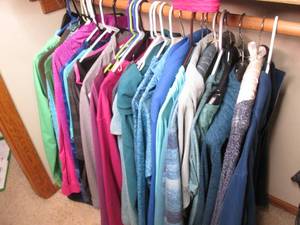 lot 45 image: Variety of Name Brand Womens size LXL long sleeve athletic tops, Cowell necks, zip ups and pull over sweatshirts in mostly shades of teals and pinks