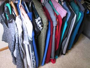 lot 46 image: Assortment of Name Brand Womens size LXL long sleeve athletic tops, Cowell necks, zip ups, pull overs, sweaters and sweatshirts in mostly shades of grays, blues and pinks