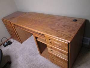 lot 51 image: Very Sturdy Wood Office desk with matching wood 2-drawer extra wide file cabinet