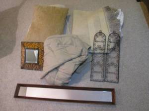 lot 72 image: Marvelous Metal floral framed mirror and pair of arched Wall decor accompanied by a wonderful wood framed mirror