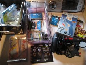 lot 90 image: Metal basket with Surebonder electric Nailerstapler, Brad nails, glue gun plus a metal box with household hardware and supplies