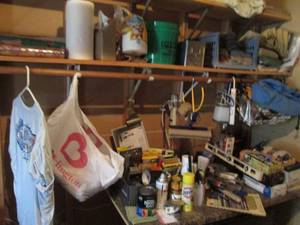 lot 94 image: Large lot containing tons of sanding and paintings supplies, furniture markers, nitrile gloves, hand towels, household lubricants, dremel Multi-pro 105, screwdriver gun, hair cutting scissors and shears, blow dryer, misc hand tools and more