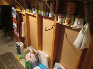 lot 98 image: Lot of Insulated food bags, wood Sealer, conditioner, stains and finishes PLUS caulking, ice packs, peel n stick flooring, paint chemicals and solvents and more