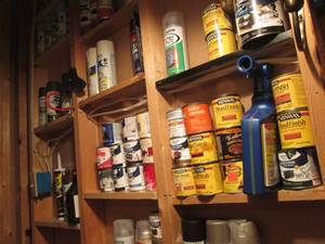 lot 99 image: Gigantic Collection of wood stains, bucket and spray paints, sealants, bleach and other supplies