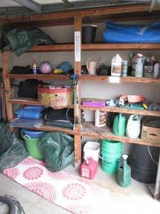 lot 111 image: Entire contents of these shelves including auto, home, yard and more