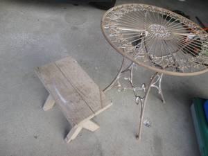 lot 141 image: Metal patio table with wood stool...