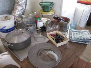 lot 232 image: Tabletop content of cookware, Canning jars, glassware, plus Kitchen utensils and other supplies