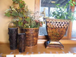 lot 155 image: Fall tone metal planters with faux floral and foliage for a Rustic feel