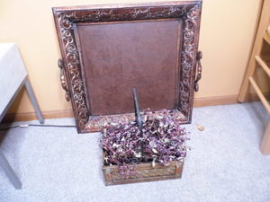 lot 157 image: Gorgeous large square Antique Copper tone serving tray paired with a similar hue metal basket filled with a faux berry swag