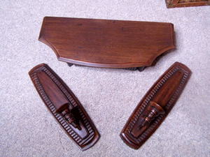 lot 159 image: Deep toned wood wall shelf and matching sconces