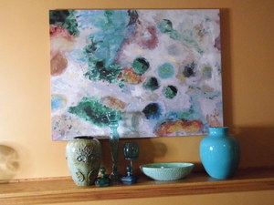 lot 175 image: Massive Abstract canvas painting accented by Glass and ceramic vases and vessels in the same Sea foam and aqua hues