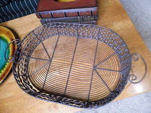 lot 178 image: Heavy duty decorative metal basket, decorative glass dish and faux stack of books kleenex holder