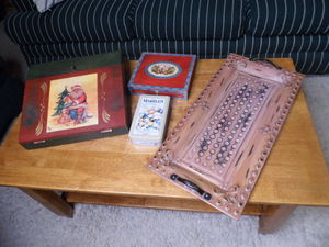 lot 180 image: Long Decorative metal serving tray with a Christmas themed artists easel style box