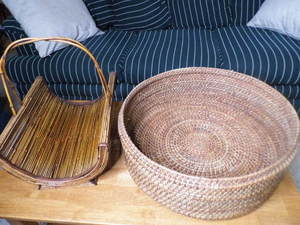 lot 181 image: Large round Wicker Rattan Basket and shaped Wicker Rattan magazine or wood holding basket rack